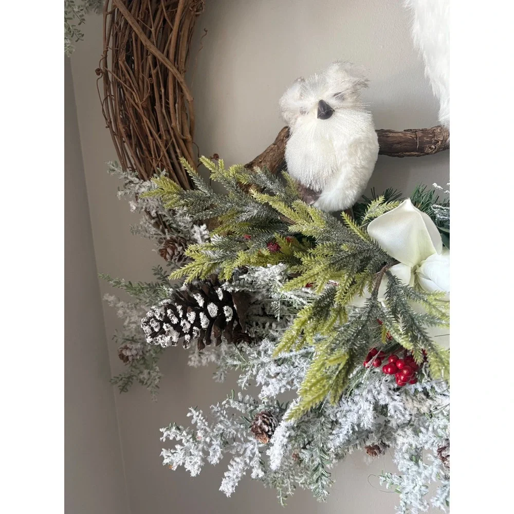 Woodland Owl Christmas Wreath Frosted Pinecone Berry Grapevine Holiday Decor